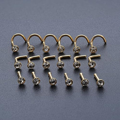 20G & 18G Nose Rings - Black, Silver & Gold Stainless Steel Studs & Screws - L Shaped & Bone Nose Rings Set - Clear CZ Nostril Piercing Jewelry - color: Gold: 3mm White CZ/ Nose Screw/ 18G/ 6Pcs