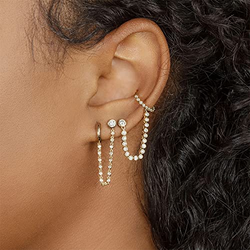 Personalized Double Piercing Round CZ Stud Small Hoop Cuff Cartilage Earrings for Women Teen Girls 925 Sterling Silver Post Cubic Zirconia Threader Chain Tassel Drop Dangle Delicate Two Holes Crystal Huggie Hoops Crawler Climbers Hypoallergenic Studs Fash
