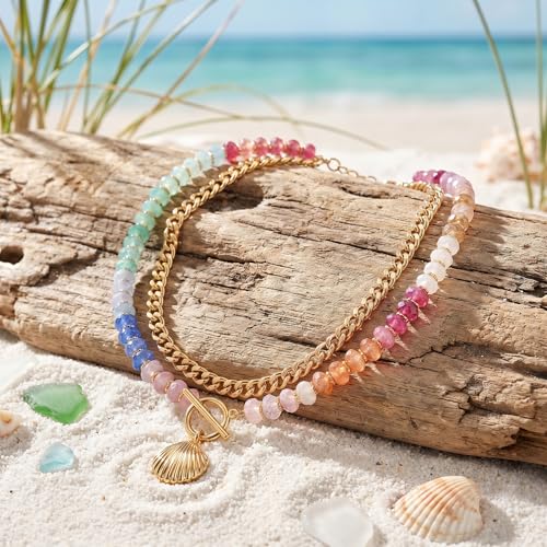Colorful Acrylic Beaded Necklace For Women, Boho Double Layer Rainbow Beads Thick Cuban Chain Chunky Heart Pendant Statement Choker Summer Beach Jewelry Gift - color: Colorful Gold Shell