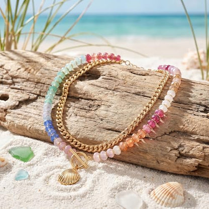 Colorful Acrylic Beaded Necklace For Women, Boho Double Layer Rainbow Beads Thick Cuban Chain Chunky Heart Pendant Statement Choker Summer Beach Jewelry Gift - color: Colorful Gold Shell