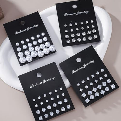 KISS WIFE CZ Stud Earrings Set for Women, Cubic Zirconia Stud Earrings in Multiple Sizes, Triangle Oval Heart Round Pearl Square Earrings, Hypoallergenic Silver Stud Earrings for Cartilage Piercing Jewelry - style: Heart+Round+Square+Pearl