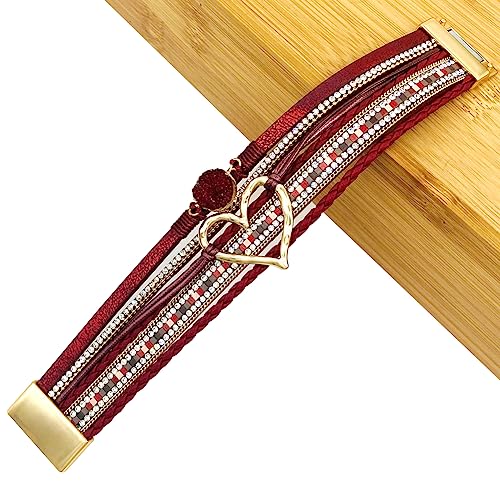 Womens Love Heart Leather Wrap Bracelet Multi-layer Stacked Bangle | Magnetic Clasp Soft PU Leather Resin Stone Rhinestone Boho Style Birthday Valentine Christmas Bohemian Jewelry Gift - color: Wine Red