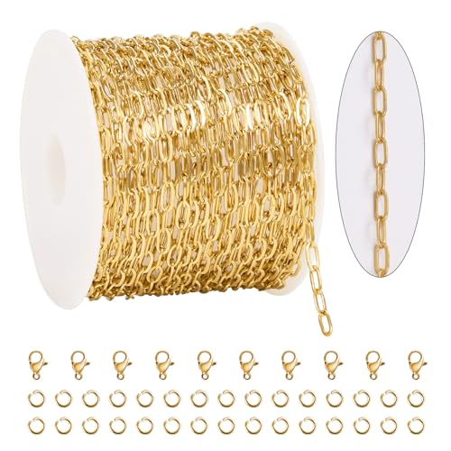 KYUNHOO 16.4FT Paperclip Chain Roll Gold Plated Jewelry Making Chains Bulk | 304 Stainless Steel Chain Spool 2.5mm Paper Clip Jewelry Links with Lobster Clasps Jewelry Supplies for Crafting - color: Paperclip Gold
