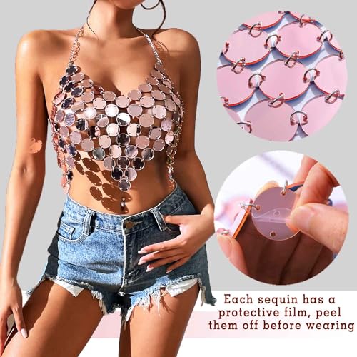 Sequins Body Chain Bra Top Rose Gold Crop Top Chain Sexy Backless Beach Bikini Club Chest Body Chain Jewelry for Women