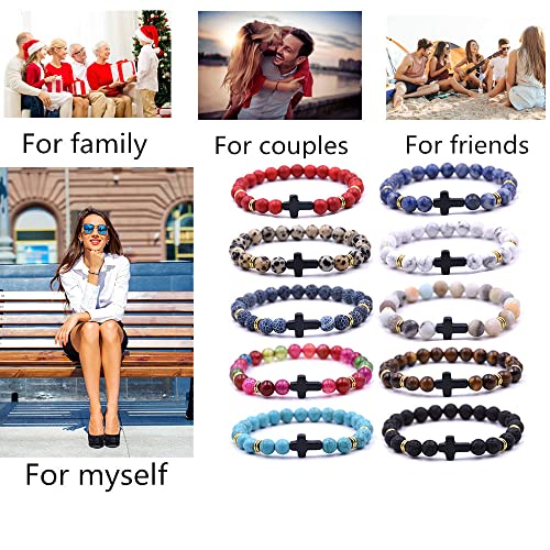 Beaded Bracelets Cross Bracelet for Women Men Lava Rock Turquoise Tiger Eye Natural Bracelet Anxiety Healing - color: 10 Pcs- black cross