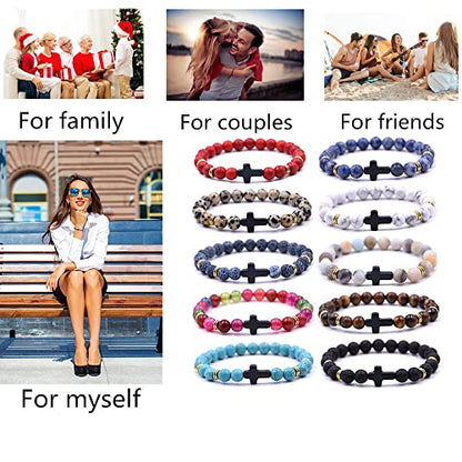 Beaded Bracelets Cross Bracelet for Women Men Lava Rock Turquoise Tiger Eye Natural Bracelet Anxiety Healing - color: 10 Pcs- black cross