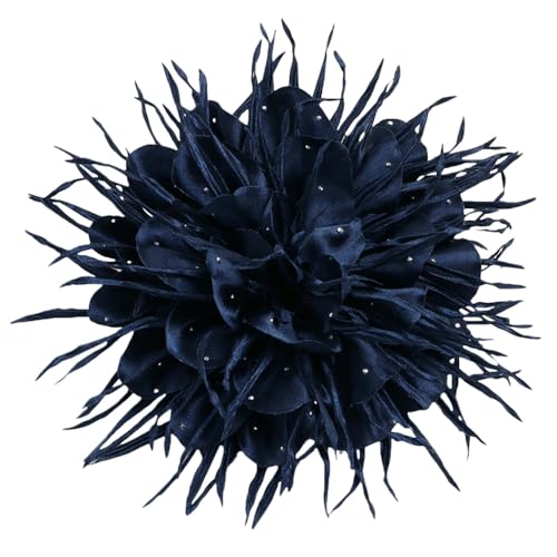 18cm/7in Dainty Spiky Fabric Flower Brooch Pin for Women Girls Elegant Crystal Colorful Pom-Pom Fluffy Floral Peony Brooches Lapel Hair Pins Trendy Party Dress Accessories Jewelry - color: Navy
