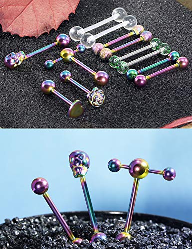 Prjndjw Jewelry, 5/8in(16mm) L, 14G Tongue Piercing Barbells Multicolor Surgical Stainless Steel Long Nipple Piercing Barbells Body Jewelry for Women - color: Rainbow