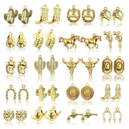 MARFOREVER 40 Pcs/20 Pairs Western Cowboy Cowgirl Charms for Jewelry Making | Alloy Antique Gold Dangle Boot Hat Horse Cactus Pendants Charm, for Bracelet Necklace Earrings Making Accessories DIY Crafts - style: Western Cowboy Cowgirl