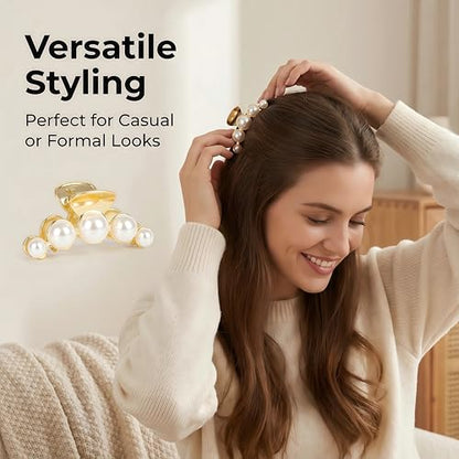 Metal Hair Clips for Women,Strong Hold Large Pearl Claw Clips, Big Non-Slip Hair Catch Barrette Jaw Clamp,Fashion Gold Hair Styling Accessories Valentine's/Mother's Day Gift for Girl Wife(3 PACK)