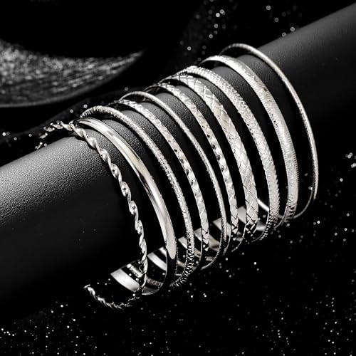Gold Bangles for Women, 12 Pcs Boho Stackable Bracelets Multi Layer Textured Chunky Bracelets Jewelry Set for Women - color: Style D- 10 pcs silver