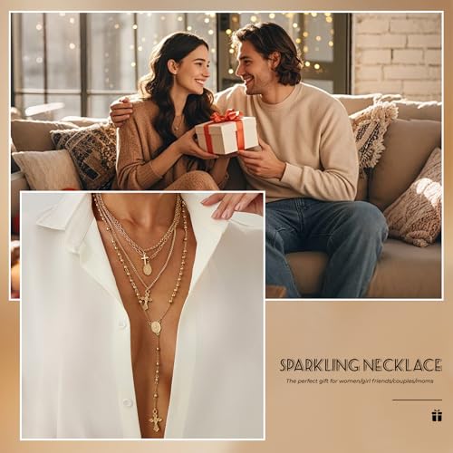 Layered Cross Necklace Set for Women, Layered Choker Necklaces Trendy Jewelry, Colorful Enamel Beaded Y-Shaped Lariat Necklace, Boho Multilayer Cross Necklace for Party and Daily Wear - color: Gold-05