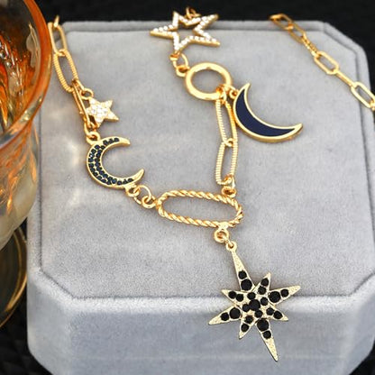 Charm Necklace for Women Gold Evil Eye Sun Moon Flower Coin Pendant Necklace Dainty Paperclip Chain Vintage Luck Amulet Choker Necklaces Celestial Jewelry Gift - style: Black Celestial Charms