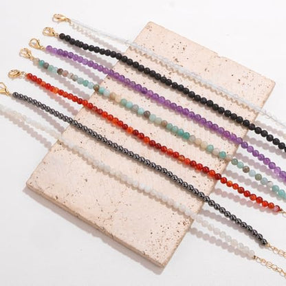 Natural Stone Beaded Anklets for Women, Handmade Boho Clear Quartz 4mm Crystal Beads Anklet, Gold Chain Adjustable Ankles Bracelet, Beach Summer Jewelry Gemstone Foot Bracelet Gift - color: Hematite
