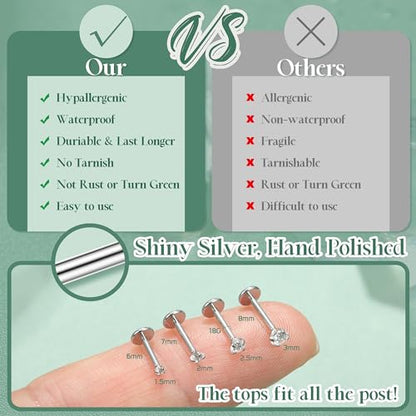 LOLIAS 14K Gold Plated Threadless Nose Studs, Nose Rings for Women 20G 18G | Hypoallergenic 316L Surgical Steel Labret Studs, Push In Flat Back Earrings, CZ Nose Nostril Tragus Helix Piercing Jewelry - color: Silver Tone, size: 18G-1.5/2./2.5/3mm CZ