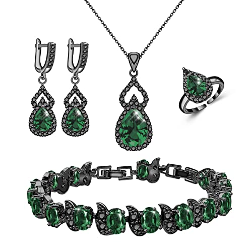 LMXXVJ Women Jewelry Set Platinum Plated Necklace Open Ring Earrings Bracelet Set,Birthday/Anniversary Mother’s Day Jewelry Gifts for Mom/Wife/Sister/Best Friend - color: Black Gun-Green