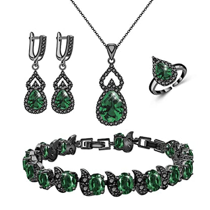 LMXXVJ Women Jewelry Set Platinum Plated Necklace Open Ring Earrings Bracelet Set,Birthday/Anniversary Mother’s Day Jewelry Gifts for Mom/Wife/Sister/Best Friend - color: Black Gun-Green