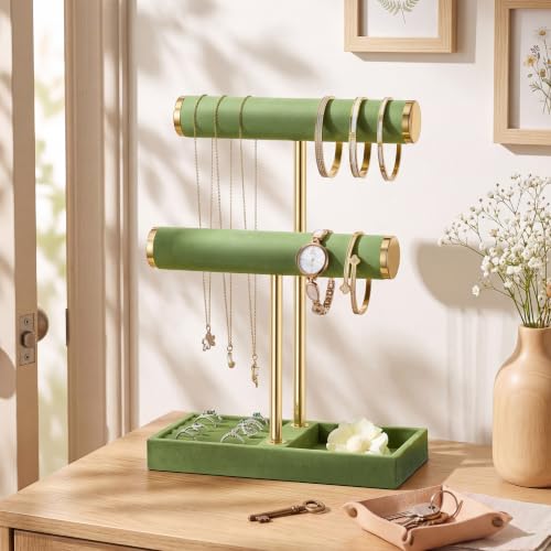 bussdis 2 Tier Bracelet Holder Display, Necklace Holder Organizer, Green | Velvet Necklace Holder | Jewelry Tree | Jewelry Towers | Jewelry Stand Organizer for Necklaces, Bracelets, Earrings, Rings - color: Green