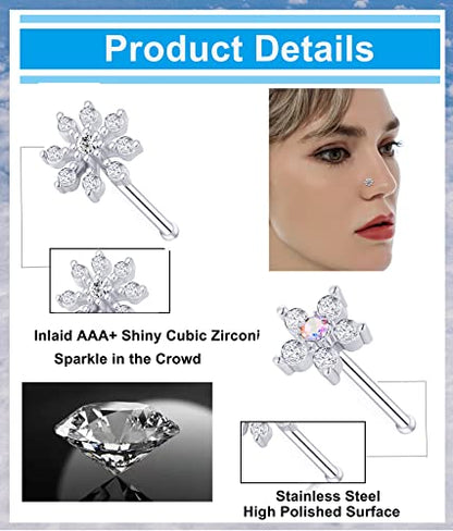 9Pcs Nose Rings Stud L Bone Screw Shaped Nose Ring Flower CZ Snowflake Butterfly Screw Nose Stud Body Piercing Jewelry for Women Men 20G Silver Gold Rose Gold Tone - color: D:Silver Tone&Bone Shaped
