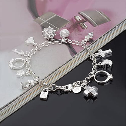 kelistom 925 Sterling Silver Bracelets for Women Teens, Love Heart Charm Chain Bracelet Bangle Fashion Jewelry Gifts - color: multi-charms