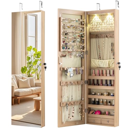 Giantex Wall or Door Mounted Jewelry Armoire with 47.5" Full Length Mirror, Lockable Cabinet with 2 LED Lights, 2 Drawers, Over the Door Large Jewelry Storage Organizer (Light Oak) - color: Light Oak, size: 47.5'' H