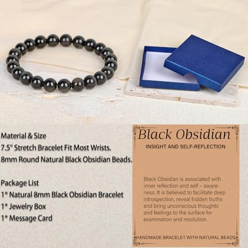 LPBeads Handmade Natural Gemstone Stretch Elastic Bracelet Healing Crystal Round Stone Beads Jewelry Gifts for Women Men - color: Black Obsidian, size: 8mm