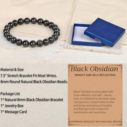 LPBeads Handmade Natural Gemstone Stretch Elastic Bracelet Healing Crystal Round Stone Beads Jewelry Gifts for Women Men - color: Black Obsidian, size: 8mm