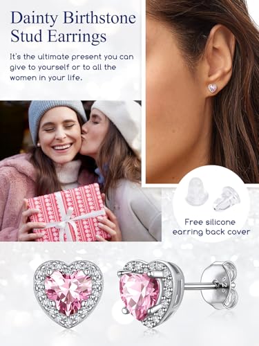Suplight 925 Sterling Silver Birthstone Stud Earrings for Women, Round/Heart/Teardrop/Square Crystal Diamond Earrings for Women, Dainty Birthday Gifts Jewelry - color: style b-10. heart-October(Created Tourmaline)