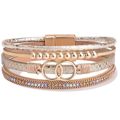 Chunky Boho Leather Wrap Bracelets Cowgirl Beaded Circle Western Jewelry | Stackable Infinity Layered Bohemian Magnetic Clasp Cuff Statement Fashion Colorful Country Hippie Outfits for Women Trendy - color: Snakeskin Gold