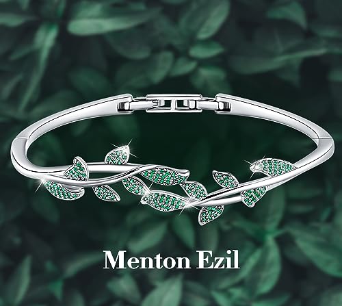 Green Leaves Bangle Bracelets For Women 18K White Gold Plating Adjustable Bracelets with Crystal For Wife Girlfriend Or Mothers Idea Gift For Mother's day (Green)