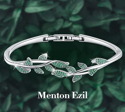 Green Leaves Bangle Bracelets For Women 18K White Gold Plating Adjustable Bracelets with Crystal For Wife Girlfriend Or Mothers Idea Gift For Mother's day (Green)
