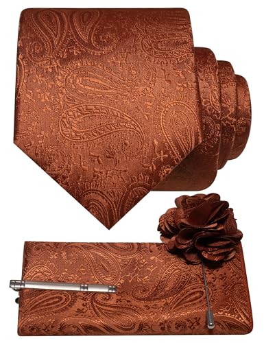 JEMYGINS Mens Paisley Tie and Lapel Pin Necktie Pocket Square and Tie Clip with Sets for Business Casual 4PCS - color: Rust