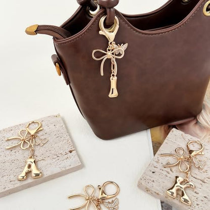 Gold Bubble Heart, Cherry, Bow & More Designs Letter Initial Keychain Bag Charms – Cute Purse Charms for Handbags - color: Bow & Butterfly, style: I