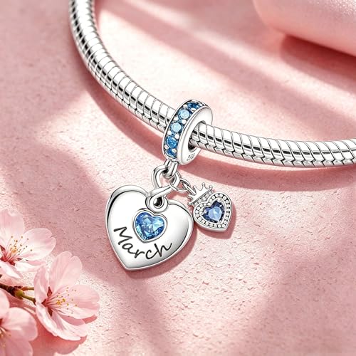 BLUELUNE Birthstone Charms, 925 Sterling Silver Dangle Charm with 5A Cubic Zirconia for Bracelets or Necklaces, Birthday, Mother's Day Present for Women - color: March