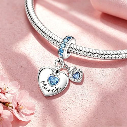 BLUELUNE Birthstone Charms, 925 Sterling Silver Dangle Charm with 5A Cubic Zirconia for Bracelets or Necklaces, Birthday, Mother's Day Present for Women - color: March