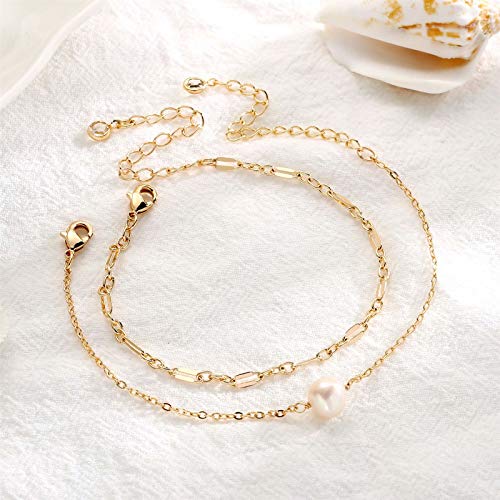 Dainty Gold Bracelets for Women, 14K Gold Plated Adjustable Layered Beads Bracelet Cute Evil Eye Oval Chain Pearl Bar Turtle Gold Bracelets for Women Jewelry - style: Pearl&Chain