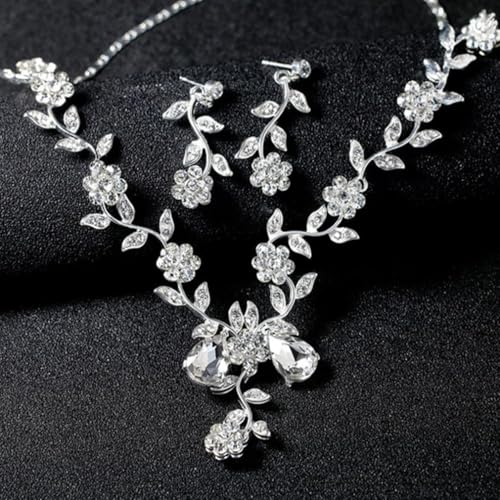 Wedding Jewelry Sets for Brides Rhinestone Necklace and Earring Set Bracelet Ring Gold Silver Prom Jewelry Sets Diamond Flower Teardrop Necklace for Women - color: Style4-Flower-2pcs