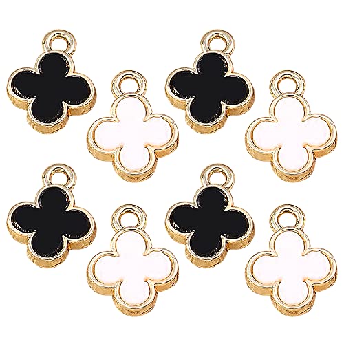 M398 Tiny 4-leaf Clovers DIY Bracelet Charms Zinc Alloy Metal Pendants Wholesale (White & Black,8pcs) - size: 1.0 cm (H) x 1.0 cm (L) x 0.2 cm (D)