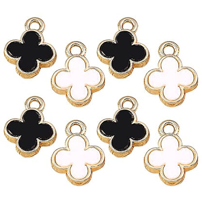 M398 Tiny 4-leaf Clovers DIY Bracelet Charms Zinc Alloy Metal Pendants Wholesale (White & Black,8pcs) - size: 1.0 cm (H) x 1.0 cm (L) x 0.2 cm (D)
