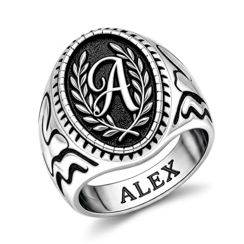 Dacc & Aya Custom Engraved Vintage Signet Ring 925 Sterling Silver Black Oxidized Personalized Statement Jewelry for Men - style: F-Letter