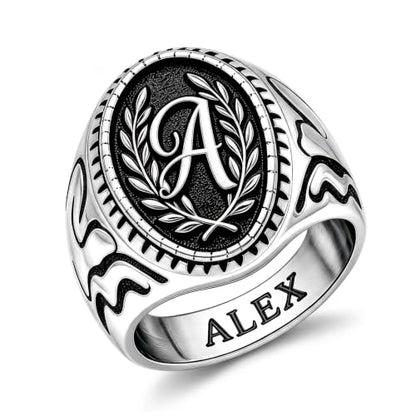 Dacc & Aya Custom Engraved Vintage Signet Ring 925 Sterling Silver Black Oxidized Personalized Statement Jewelry for Men - style: F-Letter