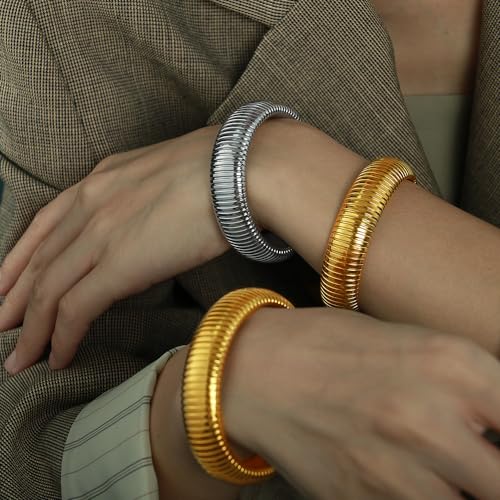 Gold Chunky Stretch Snake Chain Bangle Bracelets Stack for Women Trendy, 18K Gold Filled Stainless Steel Stretchy Womens Stackable Wristband Bangles Bracelet Set - style: GOLD&SILVER 16MM