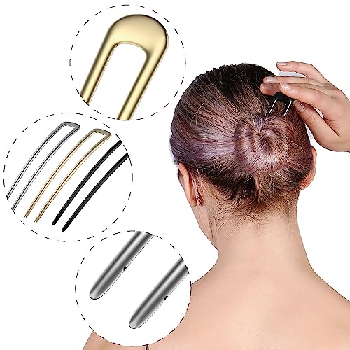 HYFEEL French Hair Pins Metal Hair Forks U Shaped Long Chignon 2 Prong Sticks for Women Hair Accessories (Black, Gold, Silver) 3Pcs - color: Black, Gold, Silver - 3 Pieces