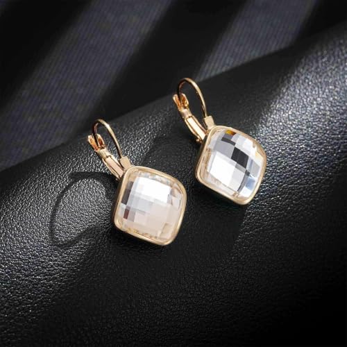 Austrian Crystal Square Leverback Drop Earrings for Women | Classic Square-Cut Crystal,14K Gold-Plated,Leverback for Easy Secure Wear,Gift Box Included,For Day and Evening Events - color: Clear White