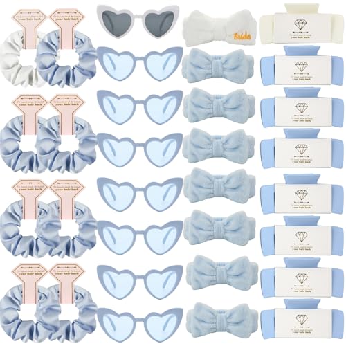 Bridesmaid Scrunchies Proposal Hair claws clips Set of 12 Bridal Shower heart sunglasses Gifts for Wedding Bachelorette Party Favors (32pcs White&Dusty Blue) - color: 32pcs White&Dusty Blue