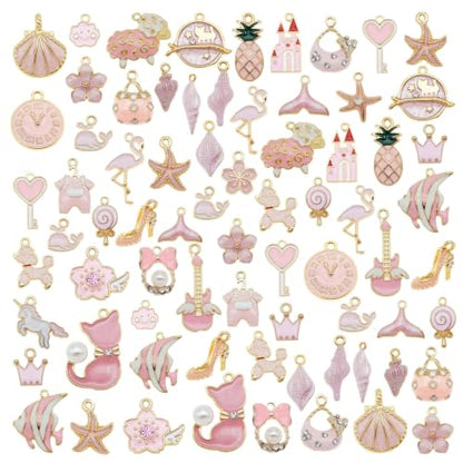 40pcs(20PAIRS) Assorted Gold Tone Enamel Animals Fruit Moon Star Dainty Dangle Flowers Pendants Charms for Jewelry Making Necklace Bracelet, Pink Theme