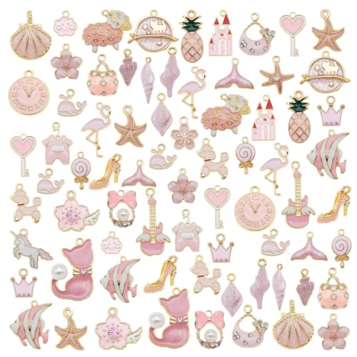 40pcs(20PAIRS) Assorted Gold Tone Enamel Animals Fruit Moon Star Dainty Dangle Flowers Pendants Charms for Jewelry Making Necklace Bracelet, Pink Theme