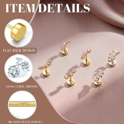 14K Gold Plated 925 Sterling Silver Flat Back Earrings Set | Hypoallergenic Cartilage Helix Conch Tragus Piercing Jewelry 3 Pairs Small Screw Dainty CZ Opal Earring Set Men Women - color: Gold, Style G