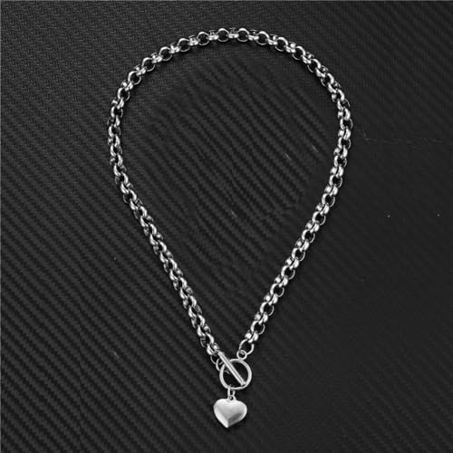 Stainless Steel Puffy Heart Pendant Round Chain Chunky Necklace - size: 20inch