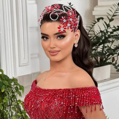 Rhinestone Bride Headband, Wedding Headpiece for Brides, Bridal Hair Accessories(Red) - color: Red